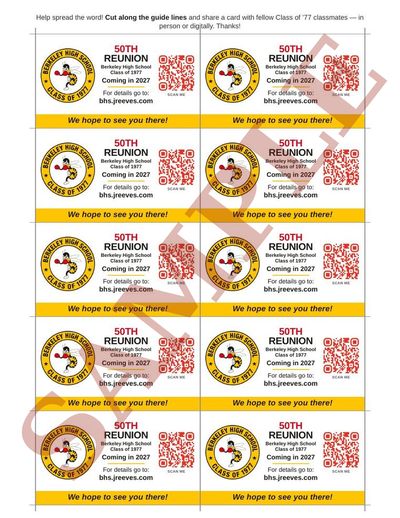 A sheet of ten reunion cards, two columns by five rows,
         each with the Berkeley High class seal, 50th Reunion, Coming in 2027, bhs.jreeves.com
         and a code to scan, with cut guides between them